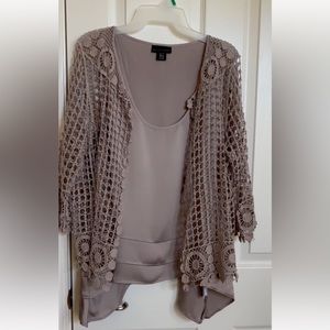 Taupe, Open Front, 3/4 Sleeves Crochet Sweater with coordinating Tank Top.